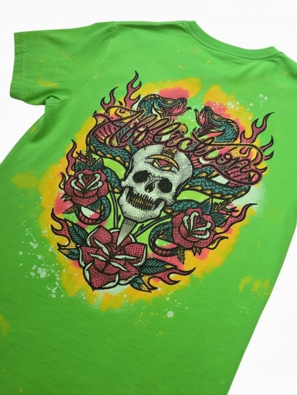 Affliction Men's Lime Green Graphic Skull Tee with Pink & Yellow Accents
